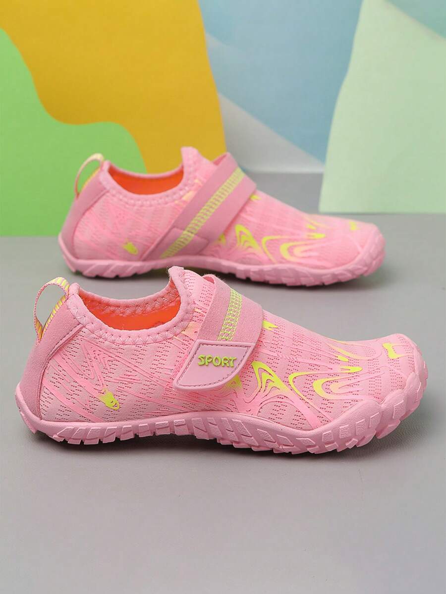 Children's water shoes featuring a breathable mesh upper, hook and loop closure, luminous details, and a non-slip outsole for boys and girls.