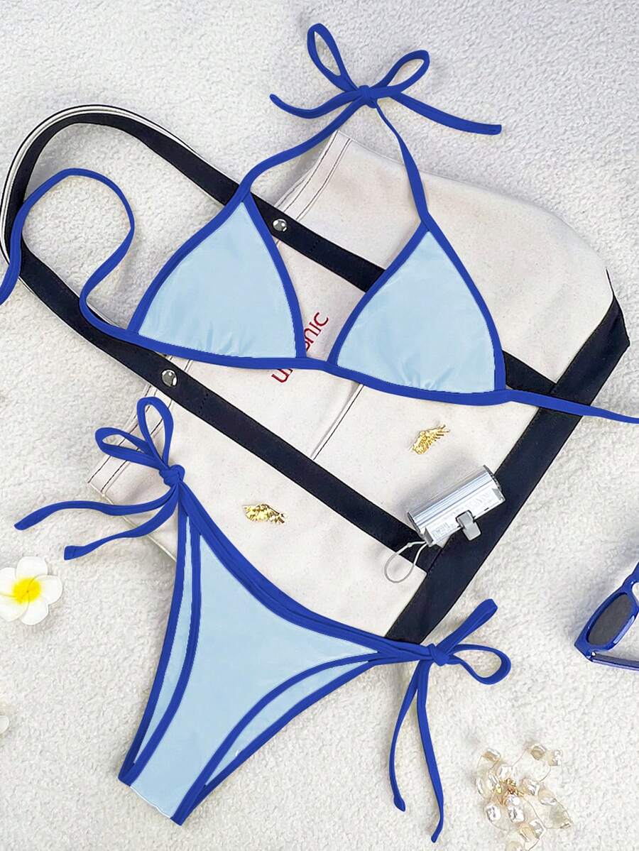 Women's apricot solid halter tie bikini top with triangle cups and matching tie-side swimsuit bottoms.