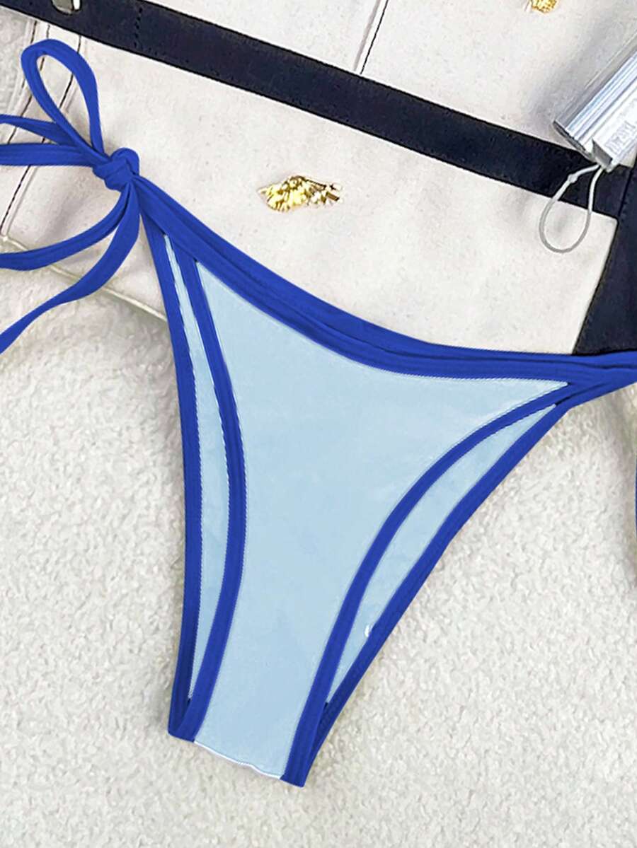 Women's apricot solid halter tie bikini top with triangle cups and matching tie-side swimsuit bottoms.