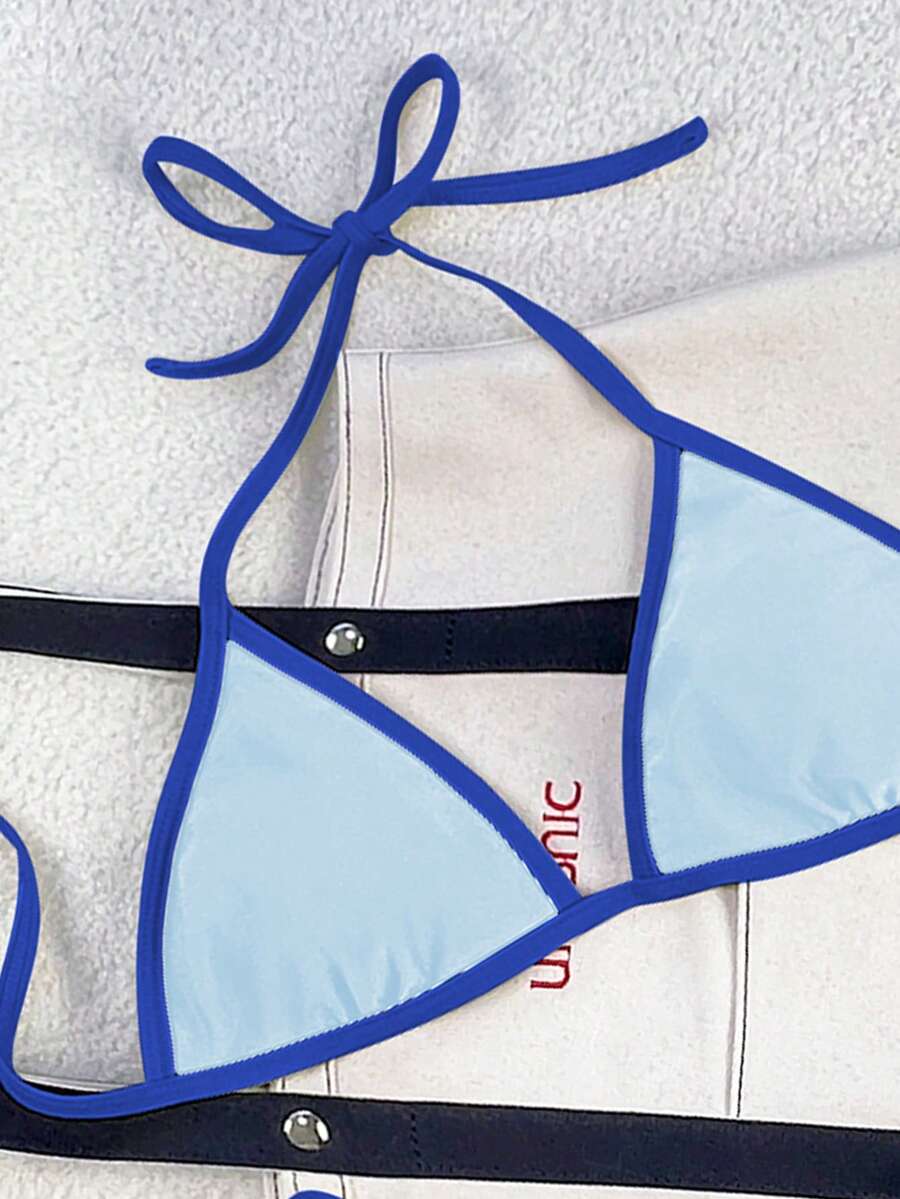 Women's apricot solid halter tie bikini top with triangle cups and matching tie-side swimsuit bottoms.