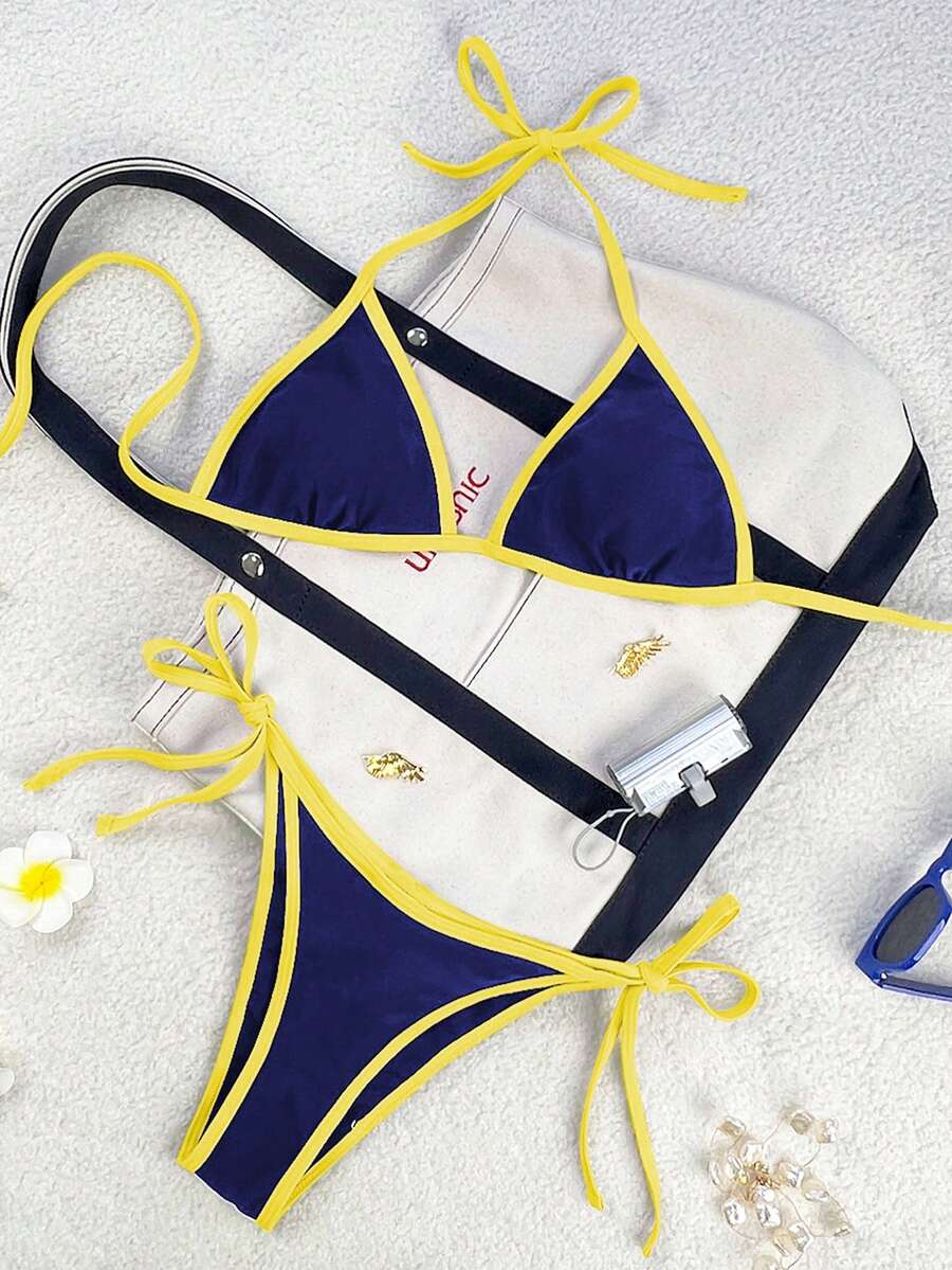 Women's apricot solid halter tie bikini top with triangle cups and matching tie-side swimsuit bottoms.