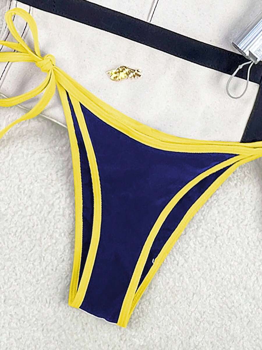 Women's apricot solid halter tie bikini top with triangle cups and matching tie-side swimsuit bottoms.