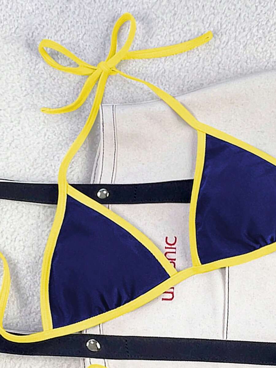 Women's apricot solid halter tie bikini top with triangle cups and matching tie-side swimsuit bottoms.