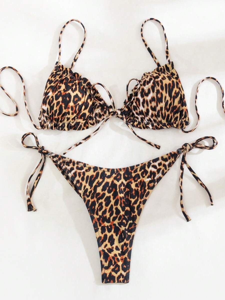 Multicolor leopard print two-piece bikini set featuring a frill trim triangle bra top and high waist tie side thong bottoms.
