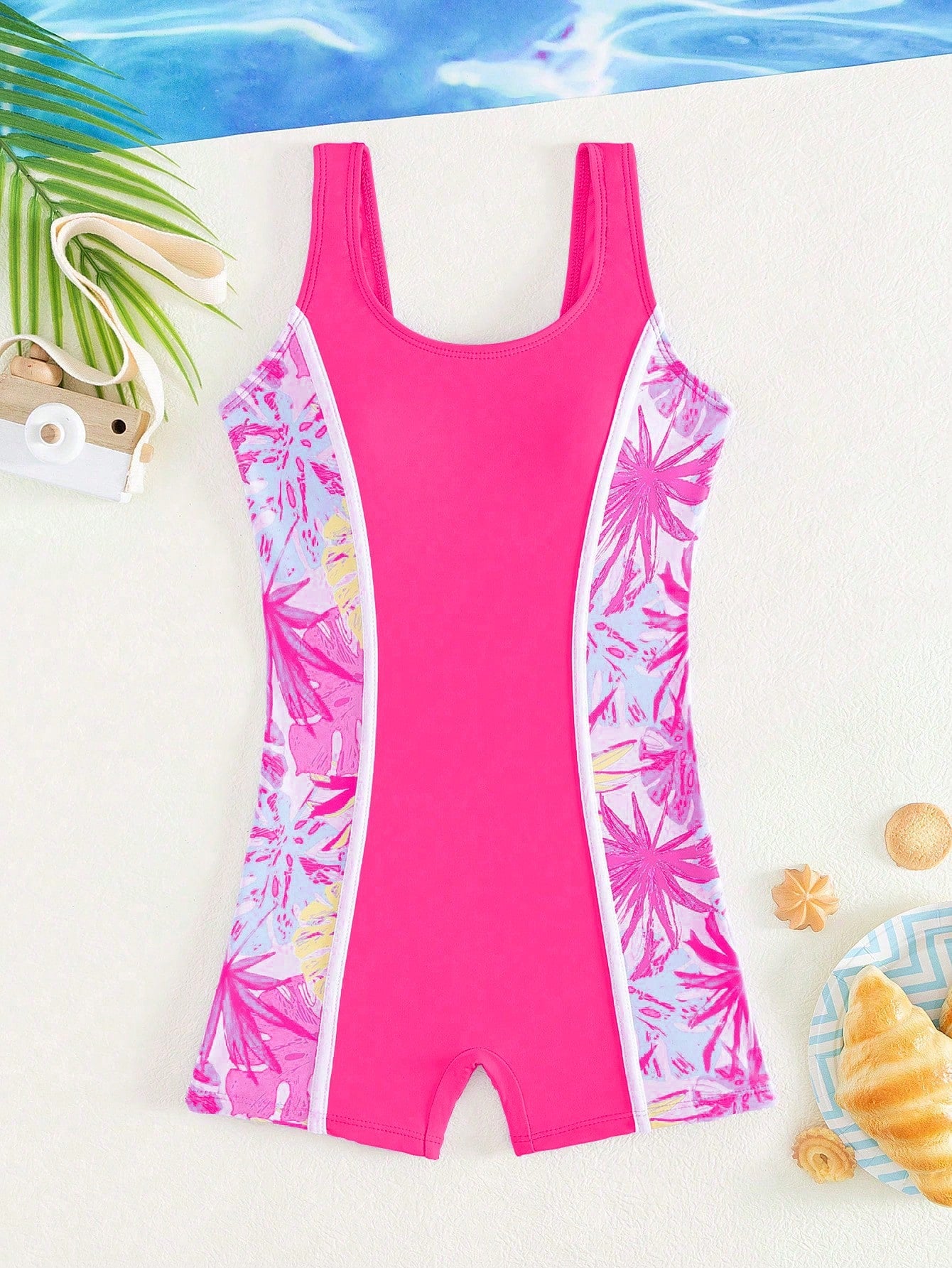 Tween girls colorblock camisole romper swimsuit with spaghetti straps, appliques, all-over print, fitted short silhouette, and medium-stretch fabric for beach, pool, and vacation wear.