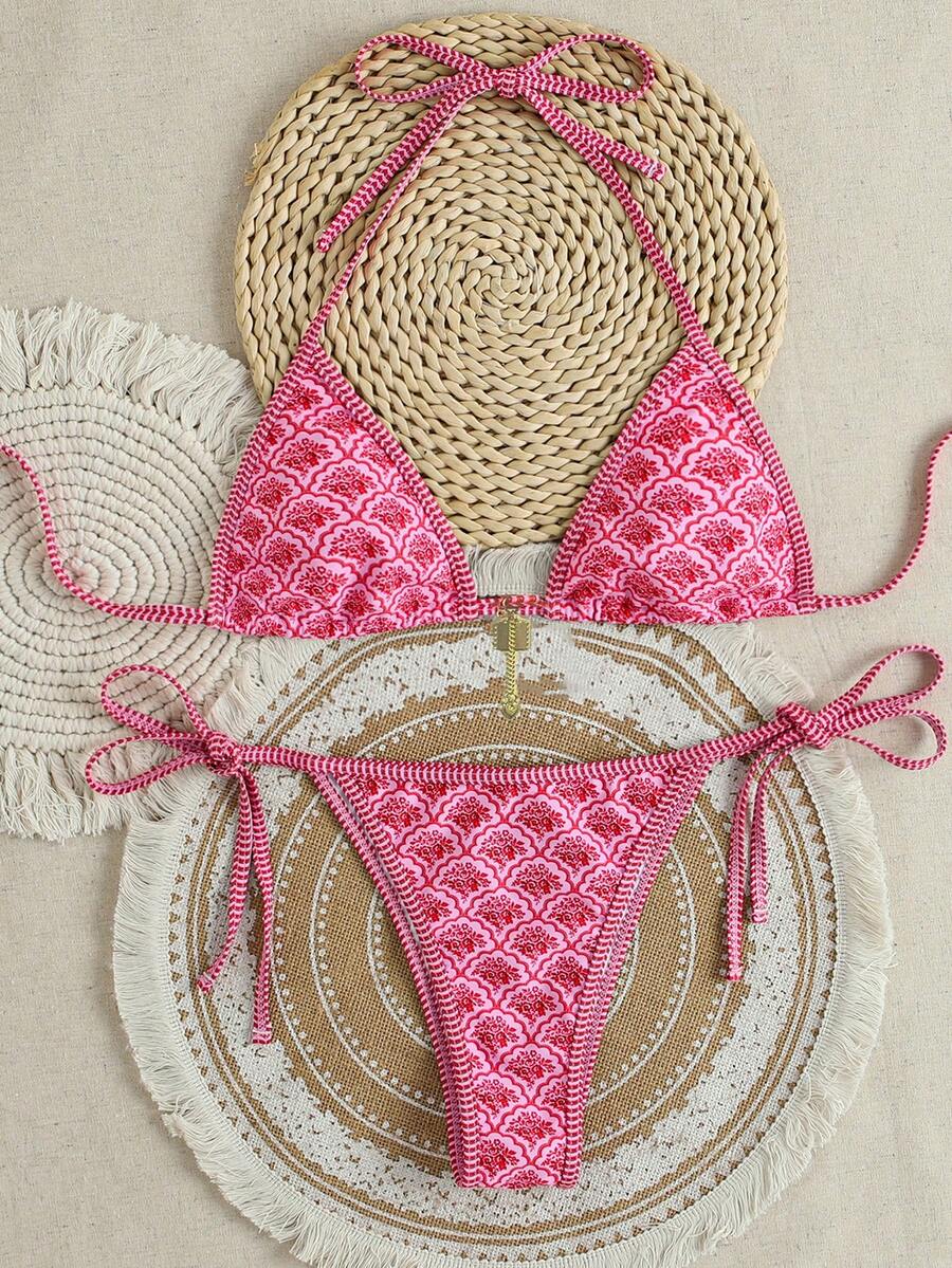 Women's high waist 2-piece triangle bikini set featuring colorblock trim, halter neckline, wireless bra with removable padding, and tie-side bottoms.