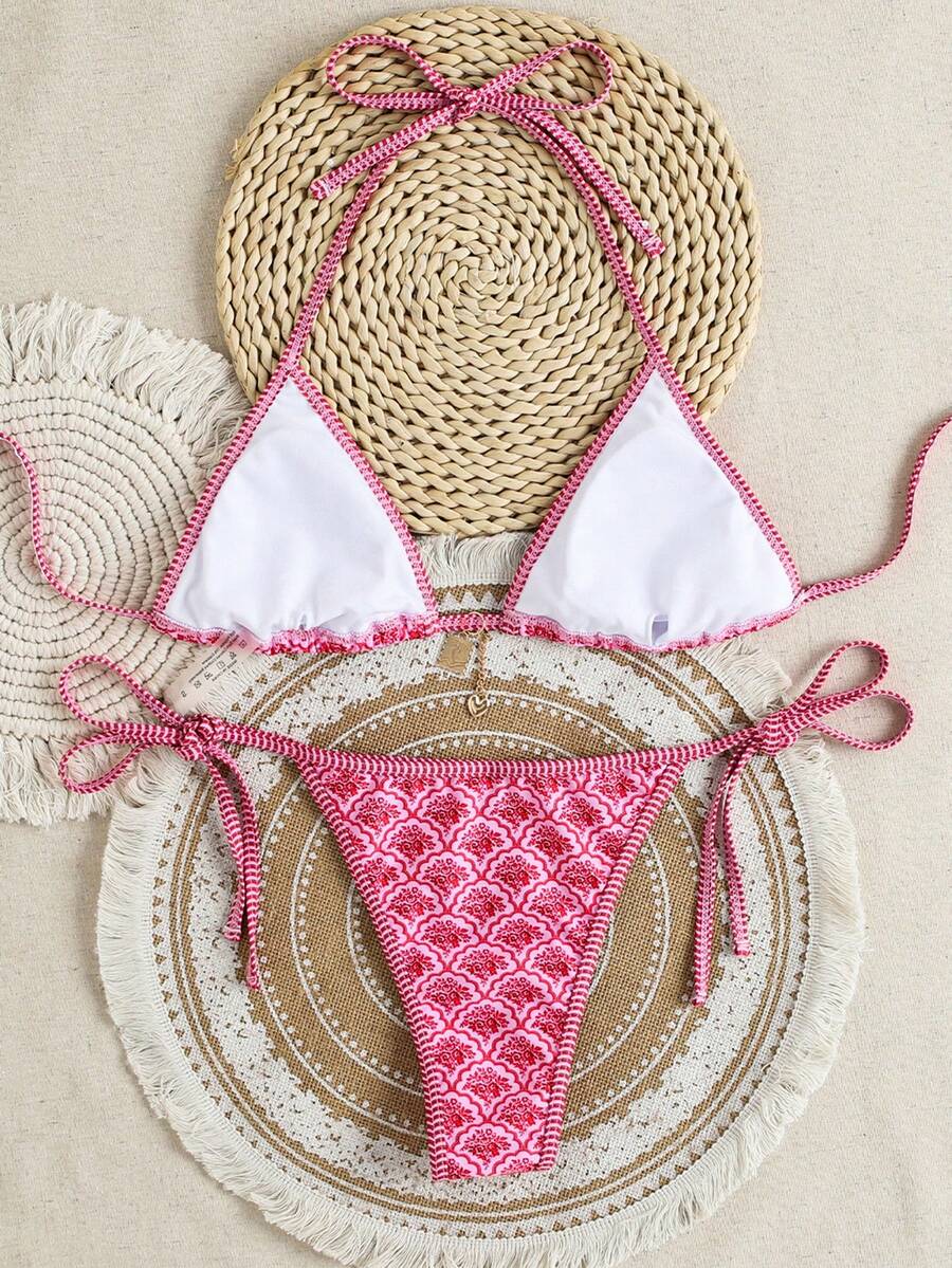 Women's high waist 2-piece triangle bikini set featuring colorblock trim, halter neckline, wireless bra with removable padding, and tie-side bottoms.