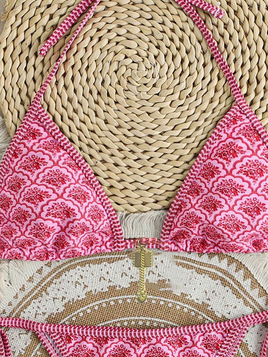 Women's high waist 2-piece triangle bikini set featuring colorblock trim, halter neckline, wireless bra with removable padding, and tie-side bottoms.