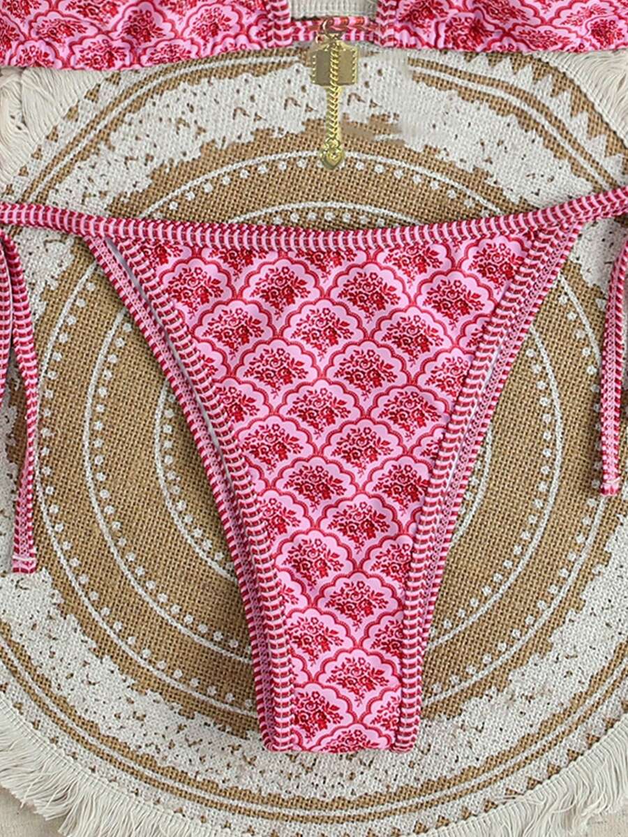 Women's high waist 2-piece triangle bikini set featuring colorblock trim, halter neckline, wireless bra with removable padding, and tie-side bottoms.