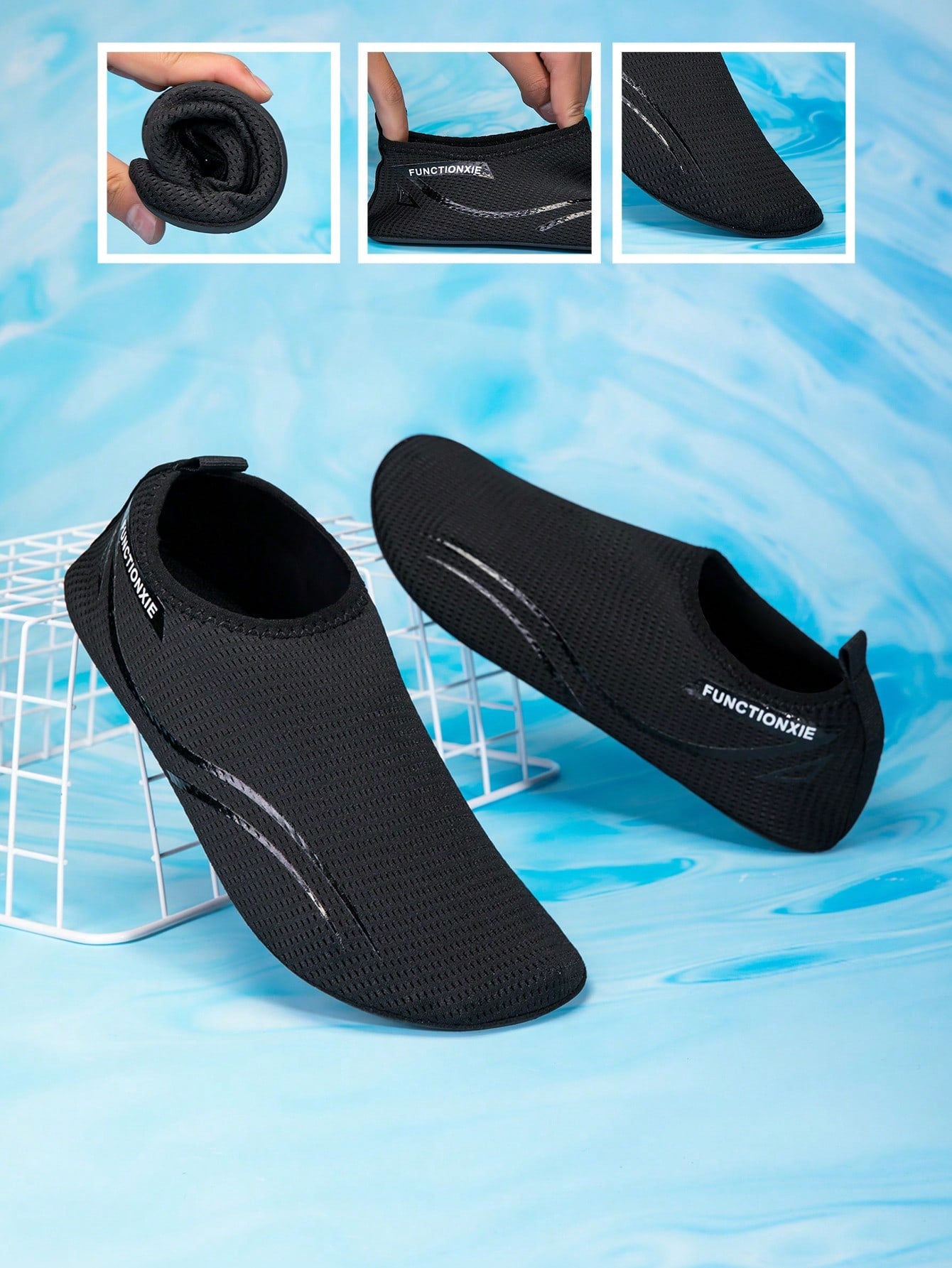 Kids black slip-on water shoes featuring a breathable mesh upper and durable rubber outsole for boys and girls.