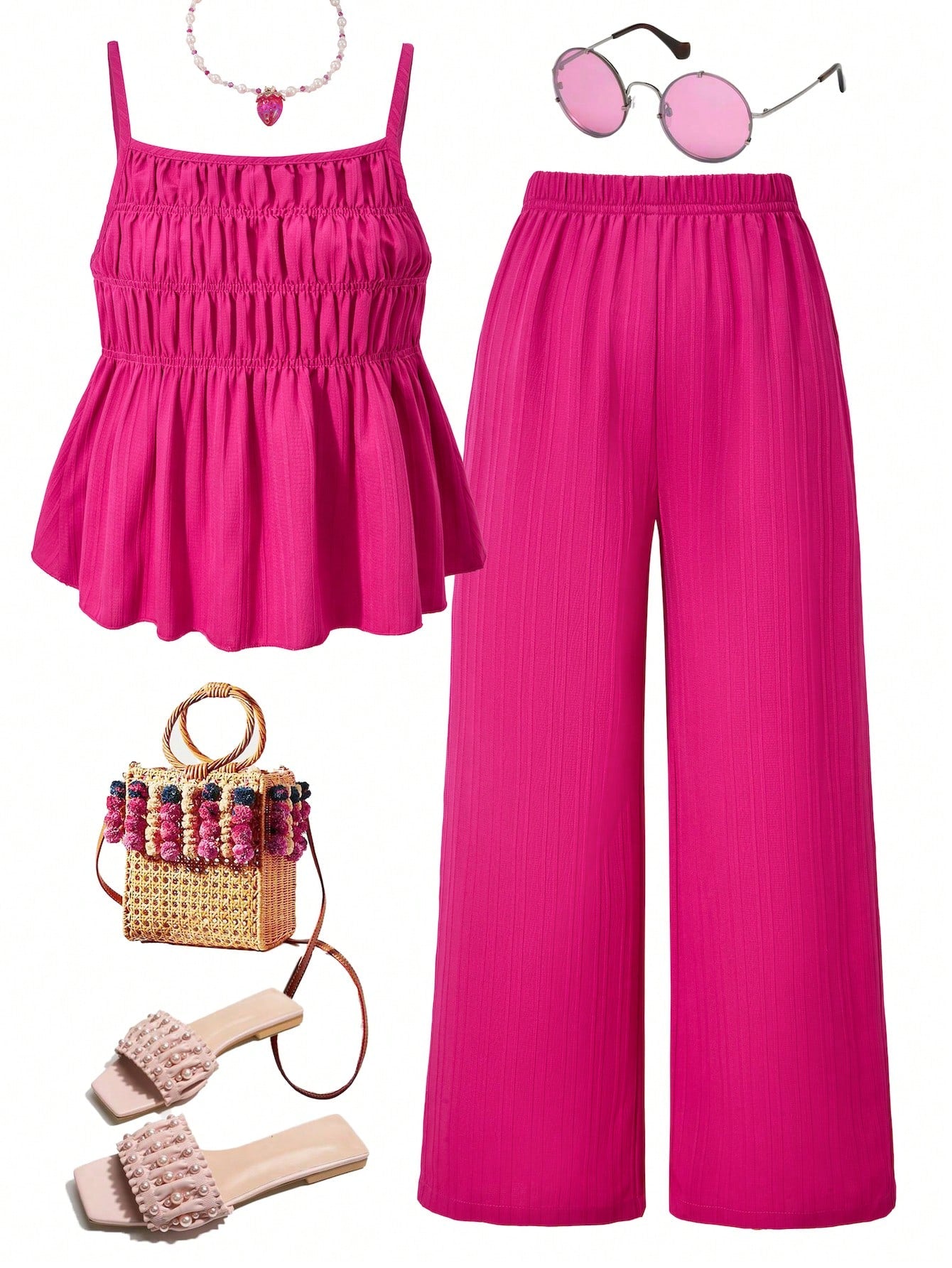 Tween girl wearing an apricot 2-piece outfit set featuring a shirred spaghetti strap short cami top and matching wide-leg long pants.