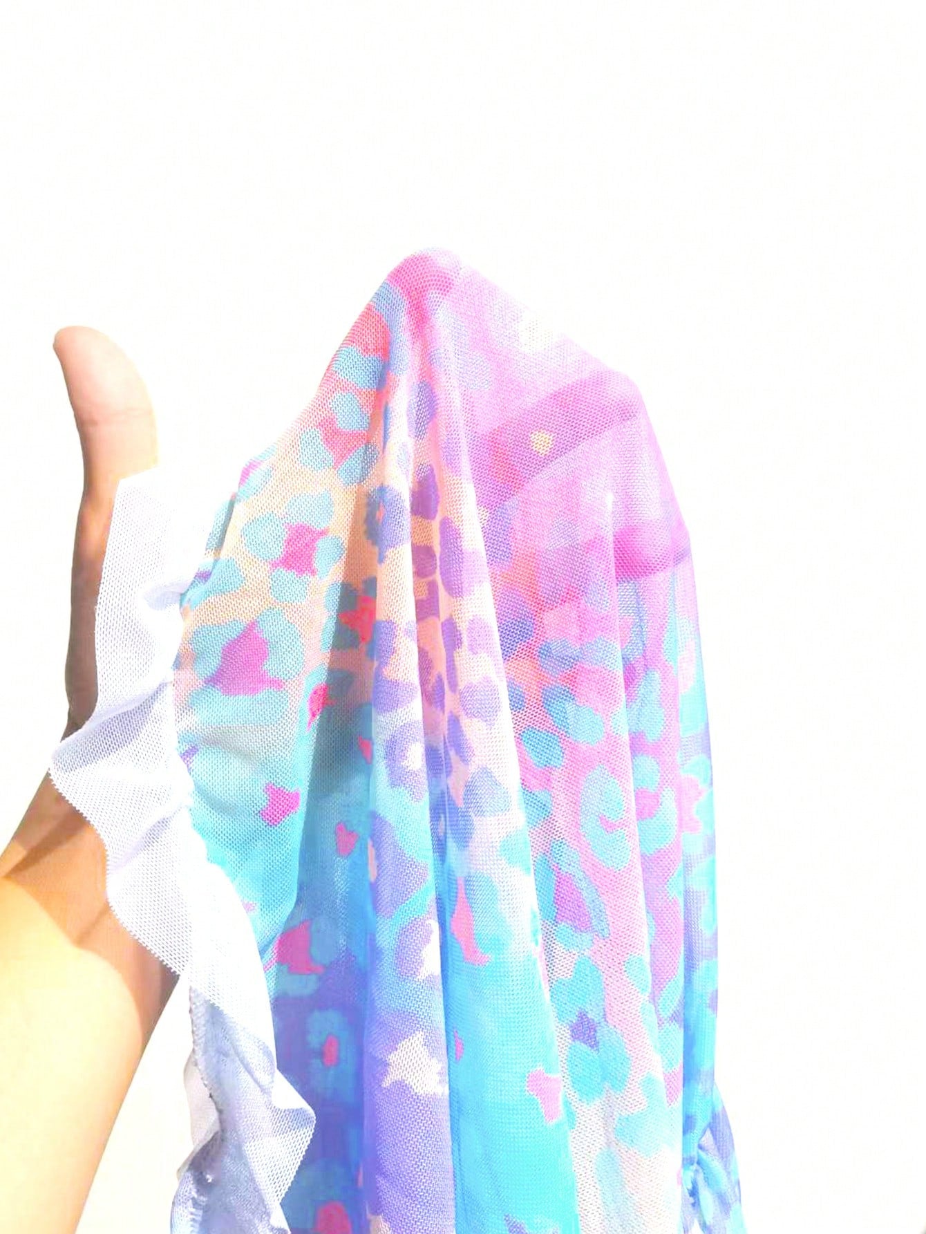 Blue tween girls swimsuit cover up with geometric starfish print, ruffle trim, round neck, short sleeves, and semi-sheer knit fabric for beach or pool wear.