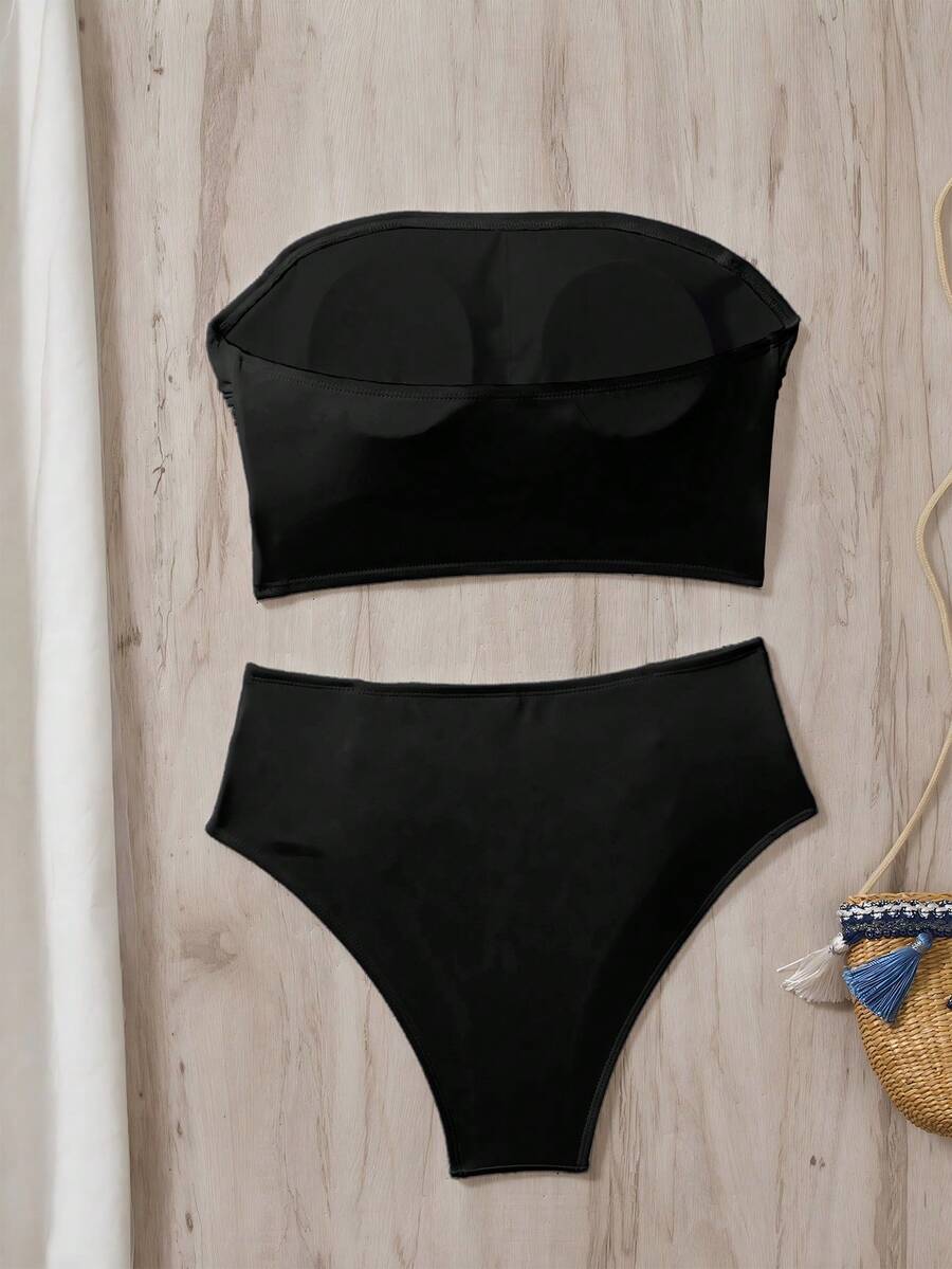 Women's black strapless ruched bandeau bikini top with high waisted bottoms