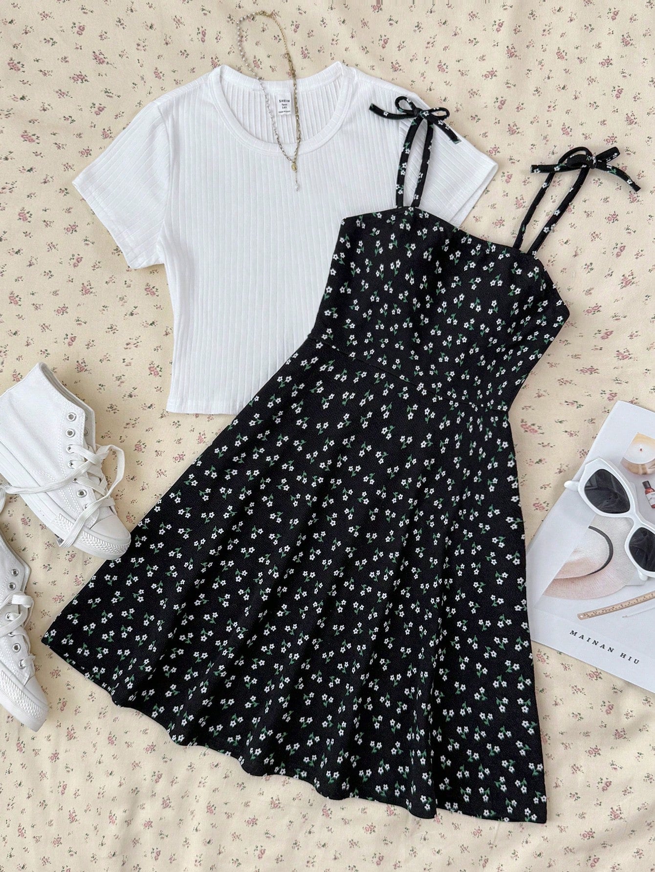 Tween girls' black and white ditsy floral plant print high waist flared camisole dress with a short sleeve t-shirt set.