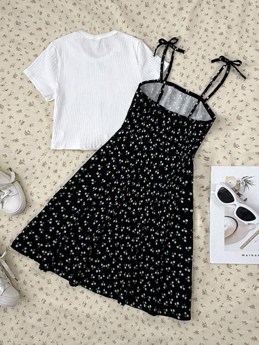 Tween girls' black and white ditsy floral plant print high waist flared camisole dress with a short sleeve t-shirt set.