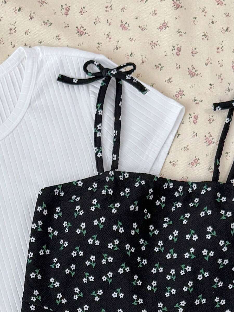 Tween girls' black and white ditsy floral plant print high waist flared camisole dress with a short sleeve t-shirt set.