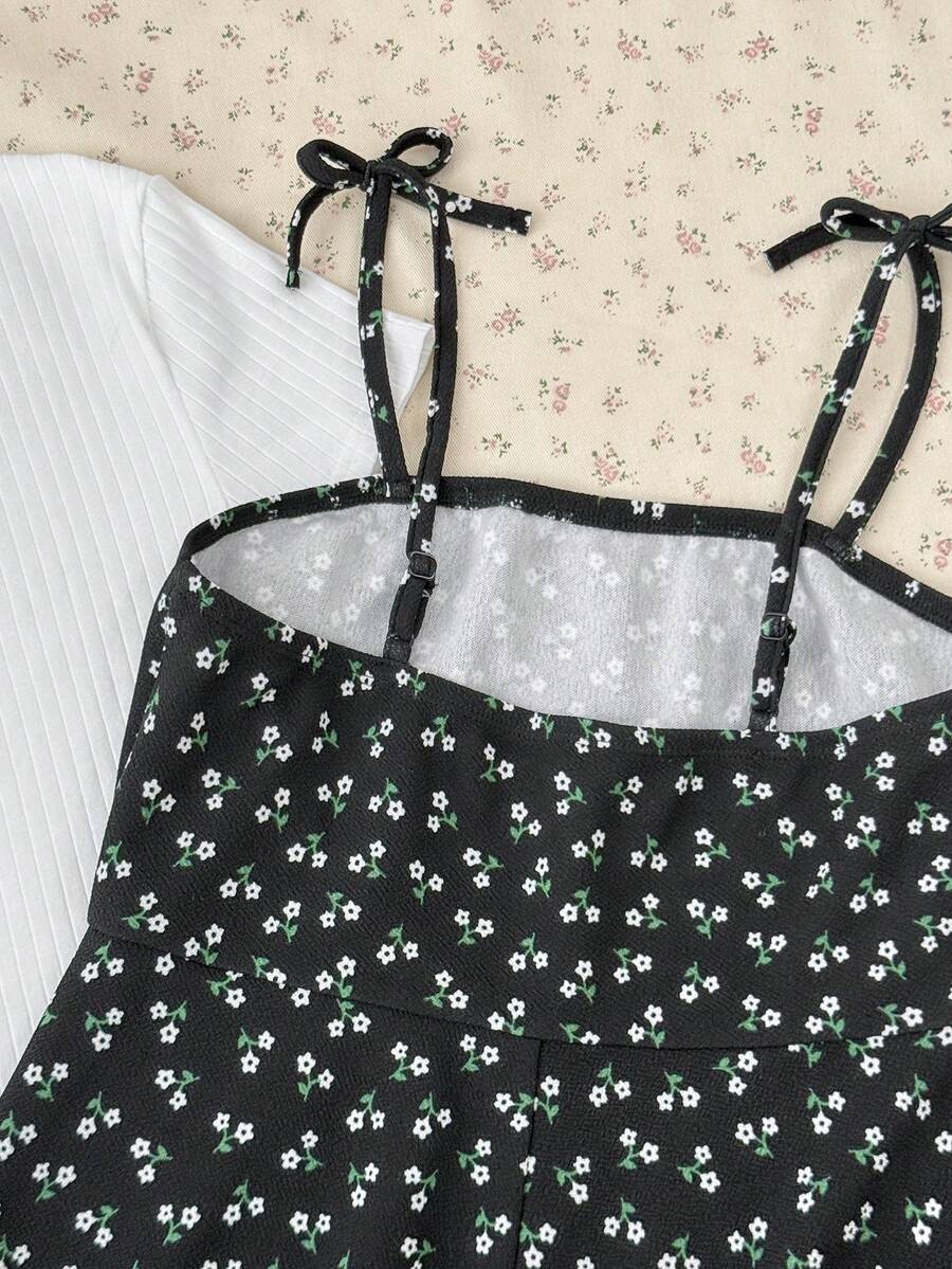 Tween girls' black and white ditsy floral plant print high waist flared camisole dress with a short sleeve t-shirt set.