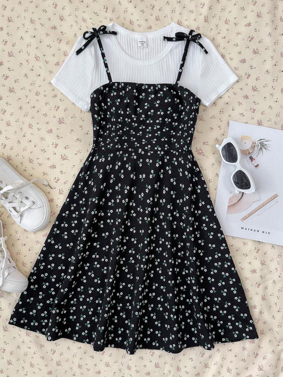 Tween girls' black and white ditsy floral plant print high waist flared camisole dress with a short sleeve t-shirt set.