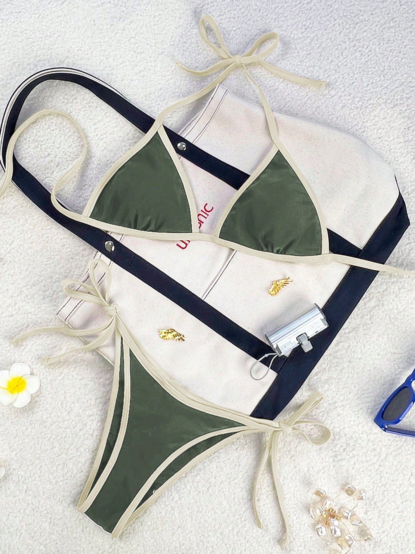 Women's apricot solid halter tie bikini top with triangle cups and matching tie-side swimsuit bottoms.