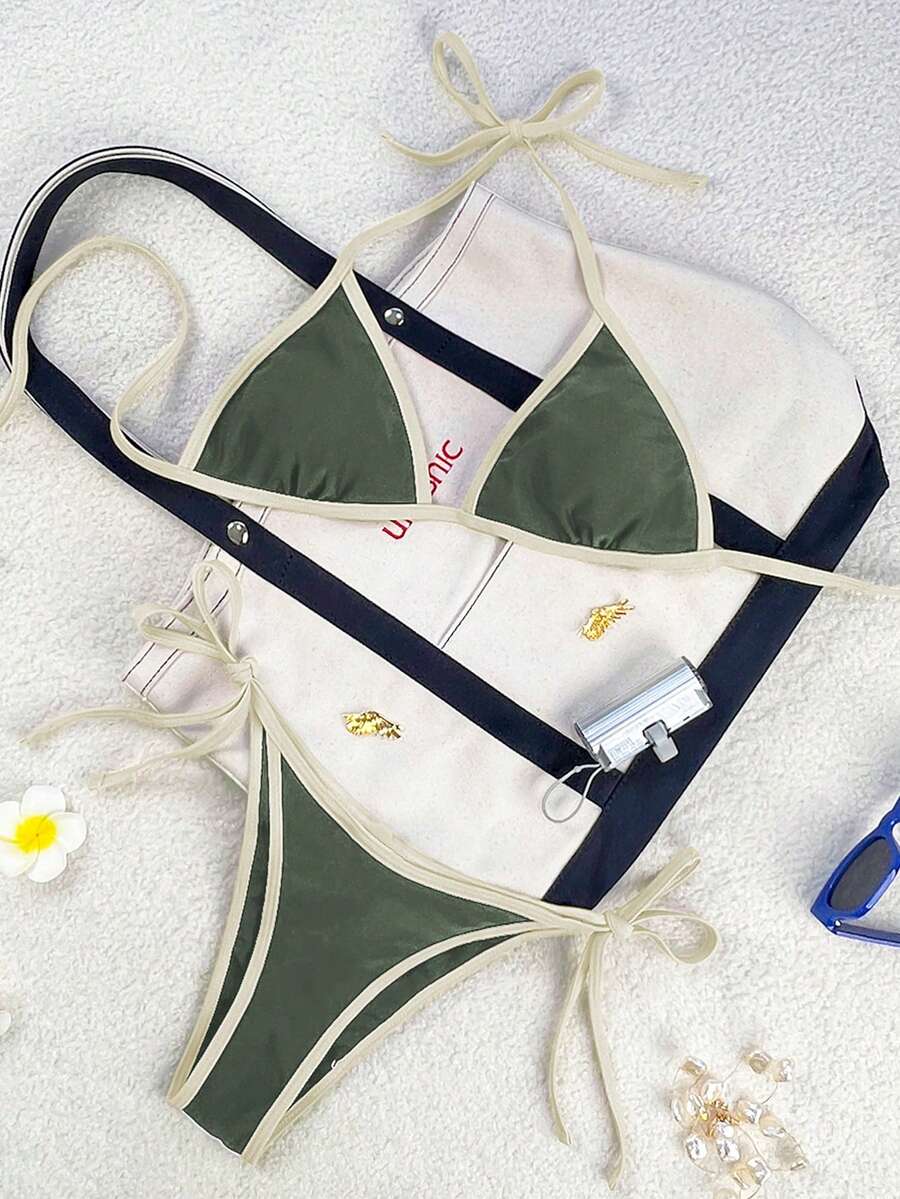 Women's apricot solid halter tie bikini top with triangle cups and matching tie-side swimsuit bottoms.