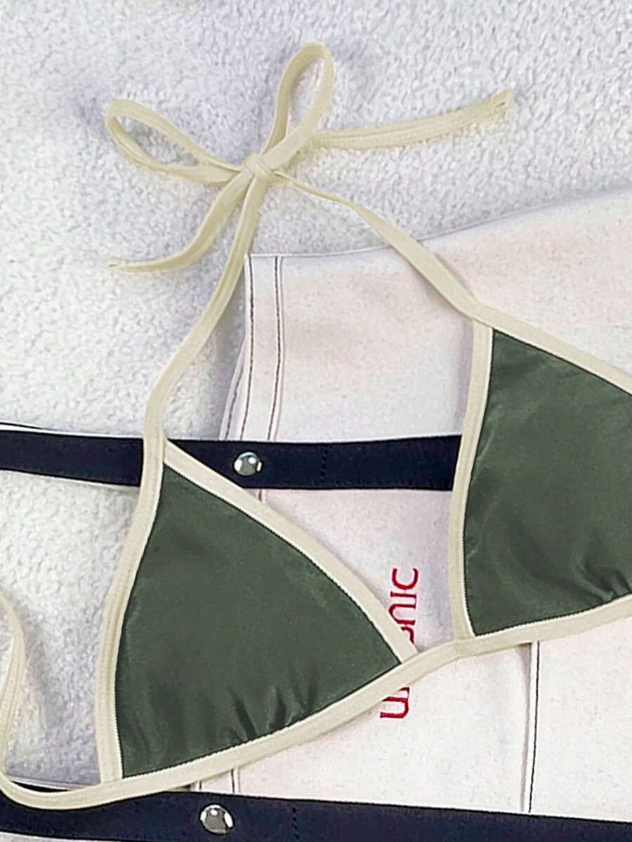 Women's apricot solid halter tie bikini top with triangle cups and matching tie-side swimsuit bottoms.