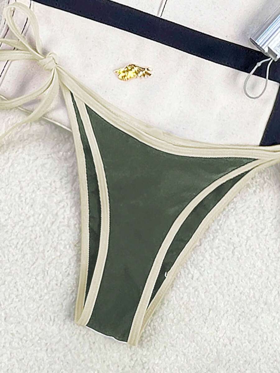 Women's apricot solid halter tie bikini top with triangle cups and matching tie-side swimsuit bottoms.