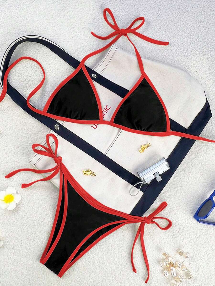 Women's apricot solid halter tie bikini top with triangle cups and matching tie-side swimsuit bottoms.