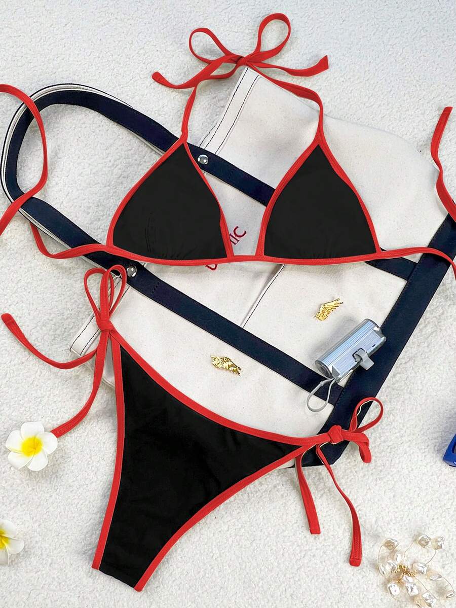 Women's apricot solid halter tie bikini top with triangle cups and matching tie-side swimsuit bottoms.
