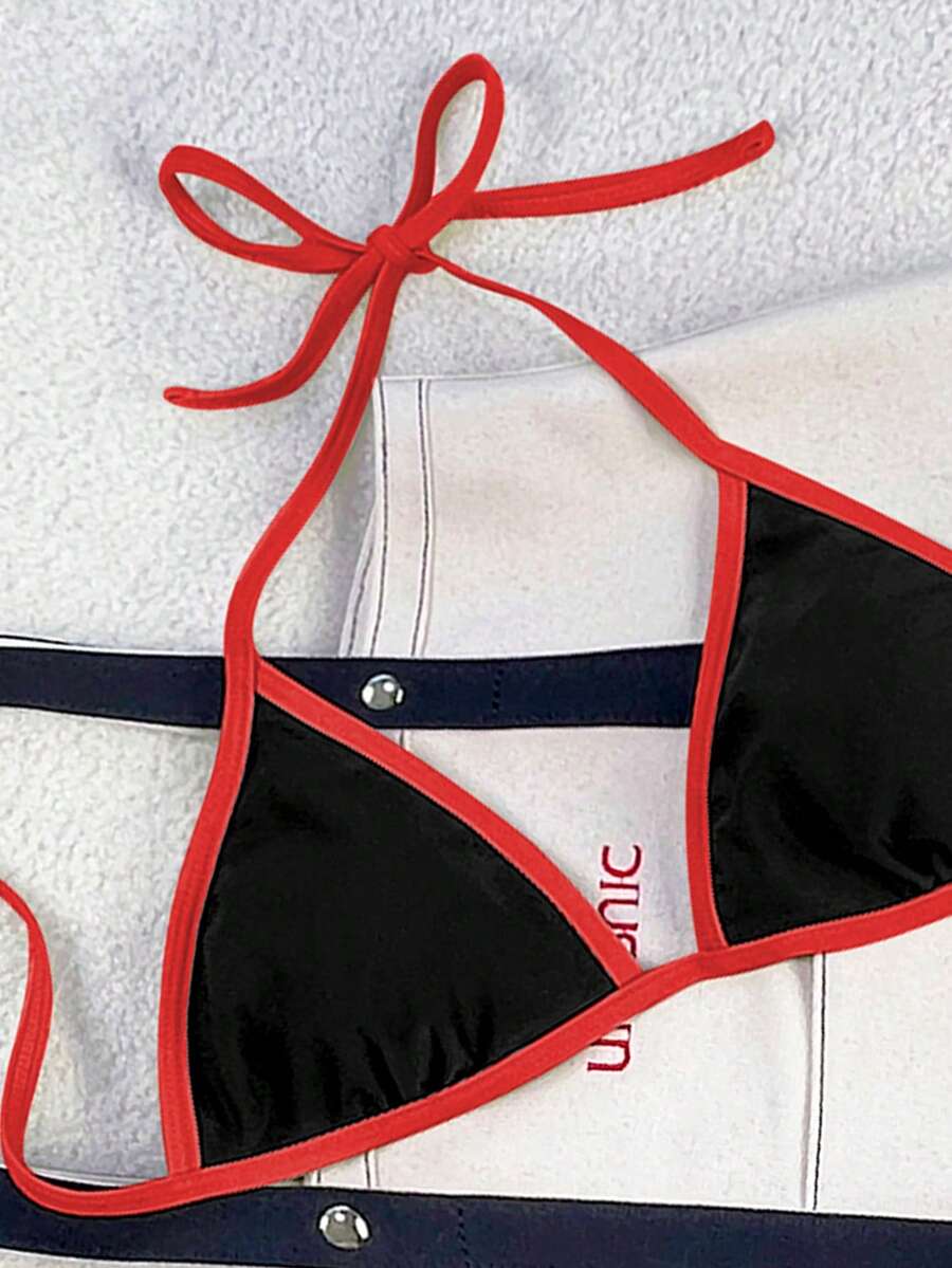 Women's apricot solid halter tie bikini top with triangle cups and matching tie-side swimsuit bottoms.