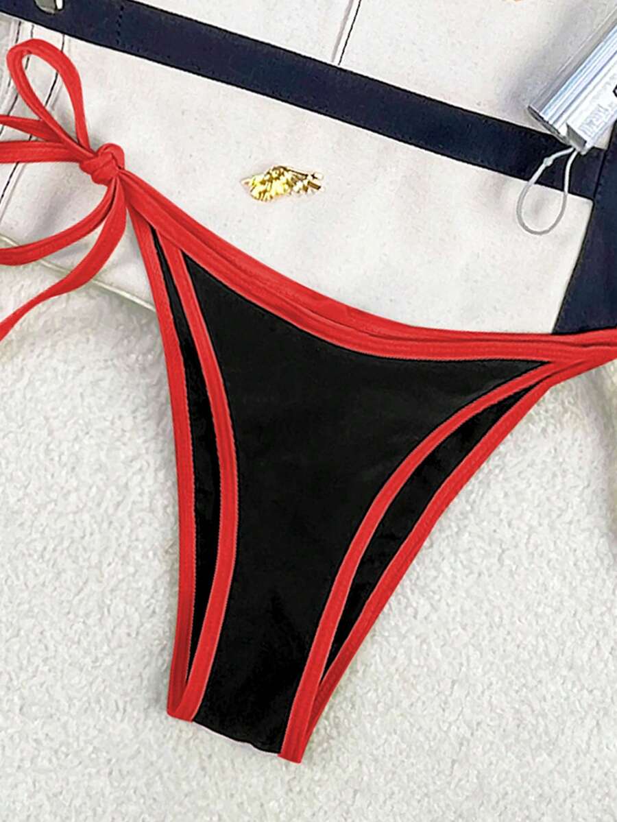 Women's apricot solid halter tie bikini top with triangle cups and matching tie-side swimsuit bottoms.