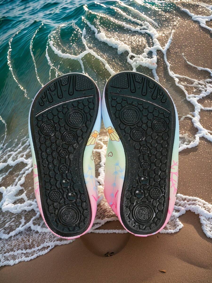 Multicolor kids water shoes featuring a breathable Lycra upper and a non-slip TPR outsole for boys and girls.