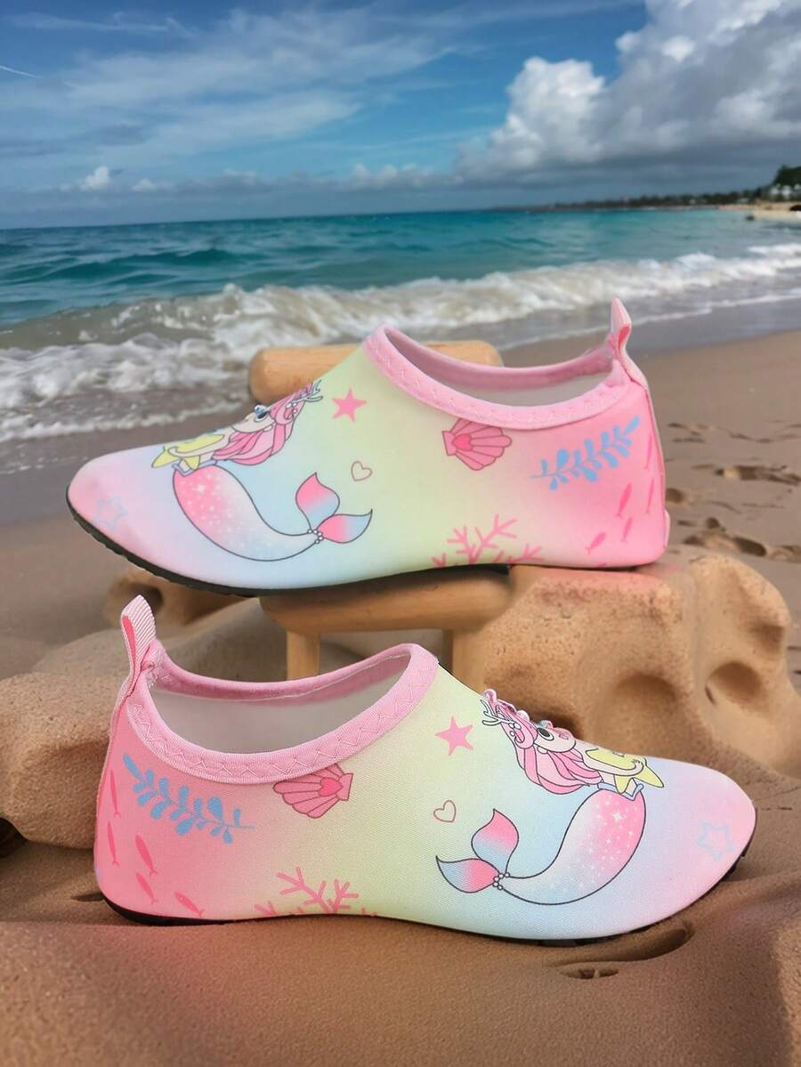 Multicolor kids water shoes featuring a breathable Lycra upper and a non-slip TPR outsole for boys and girls.