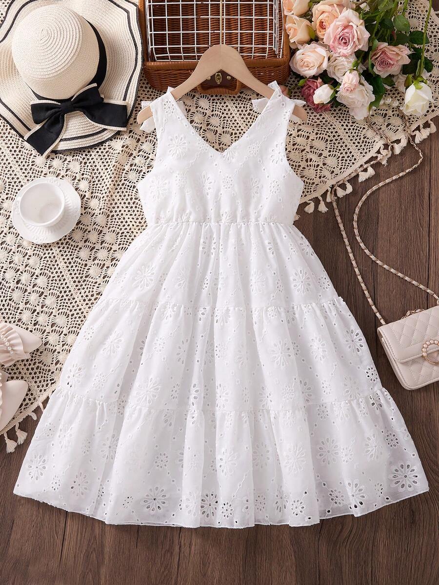 Girls sleeveless blue tiered dress featuring a V-neckline, high waist, and A-line skirt.