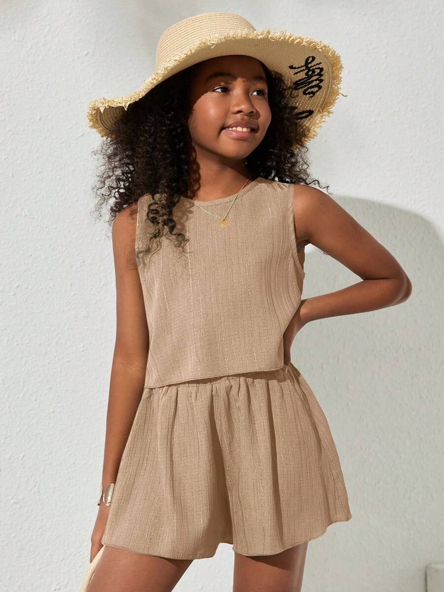 Tween girls army green casual outfit featuring a sleeveless round neck top with button details paired with matching woven loose shorts.