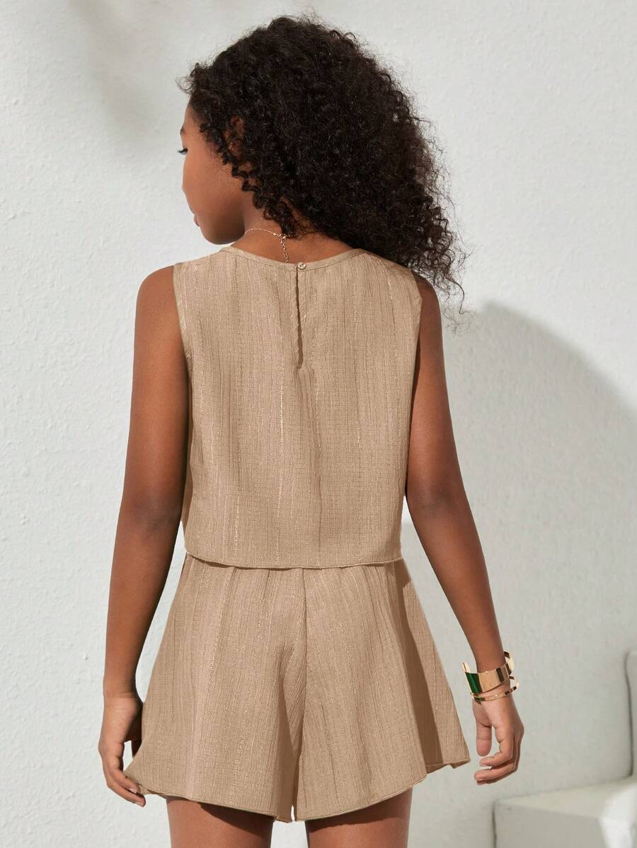 Tween girls army green casual outfit featuring a sleeveless round neck top with button details paired with matching woven loose shorts.