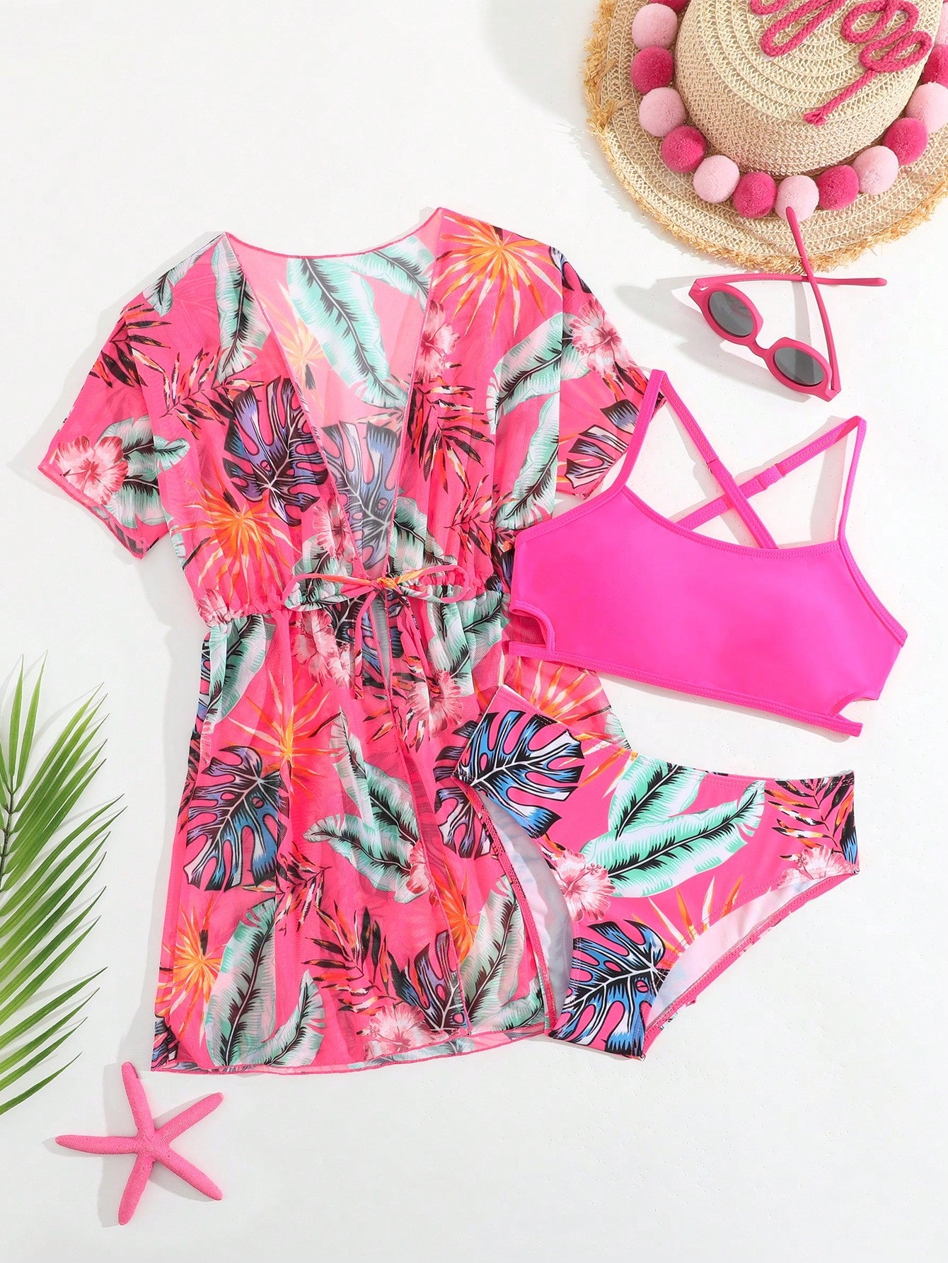 Tween girls 3-piece striped swimwear set featuring a tankini top, mid-waist bikini bottoms with a drawstring waist, and a matching kimono cover-up for beach or vacation wear.
