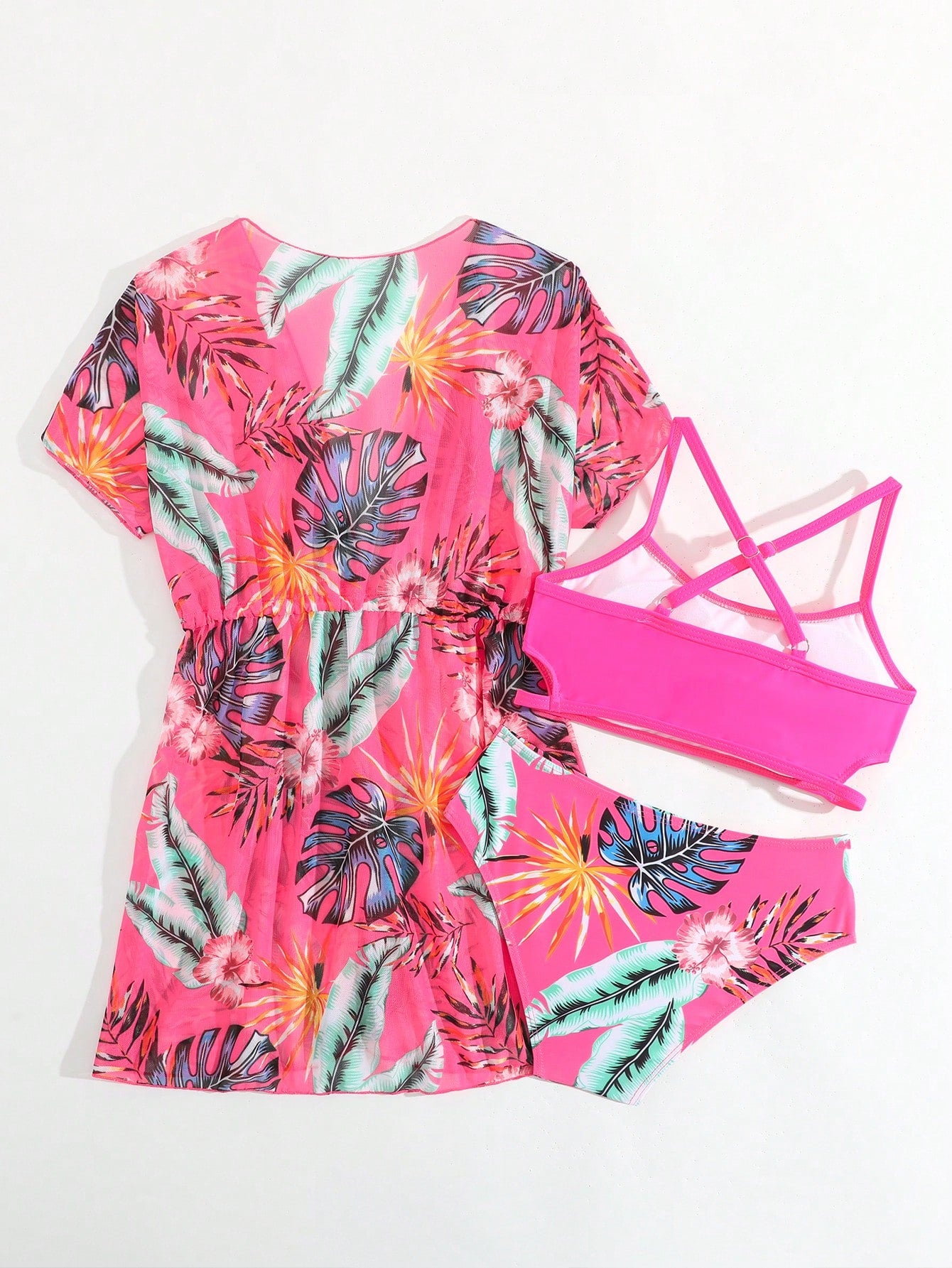 Tween girls 3-piece striped swimwear set featuring a tankini top, mid-waist bikini bottoms with a drawstring waist, and a matching kimono cover-up for beach or vacation wear.