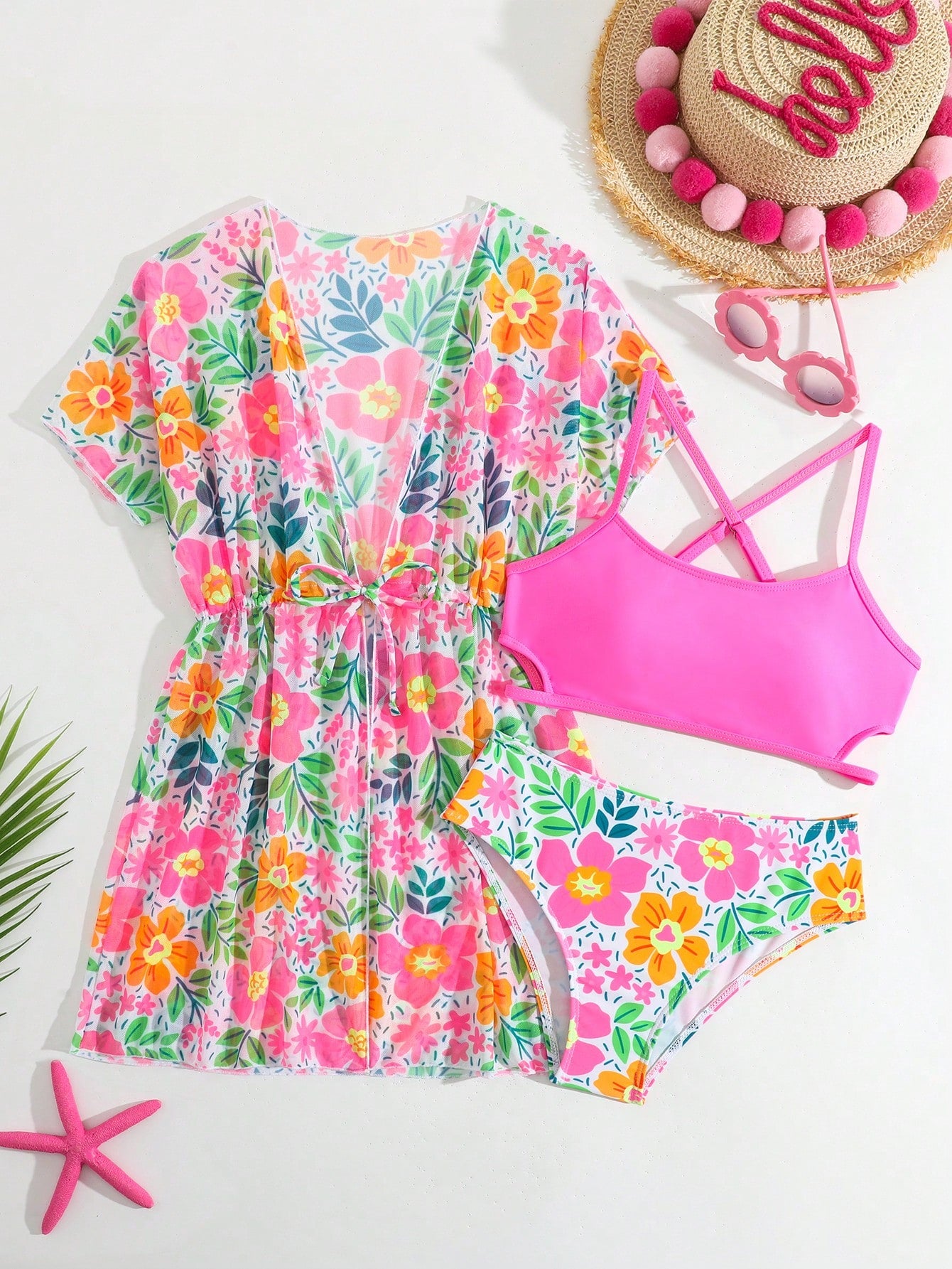 Tween girls 3-piece striped swimwear set featuring a tankini top, mid-waist bikini bottoms with a drawstring waist, and a matching kimono cover-up for beach or vacation wear.