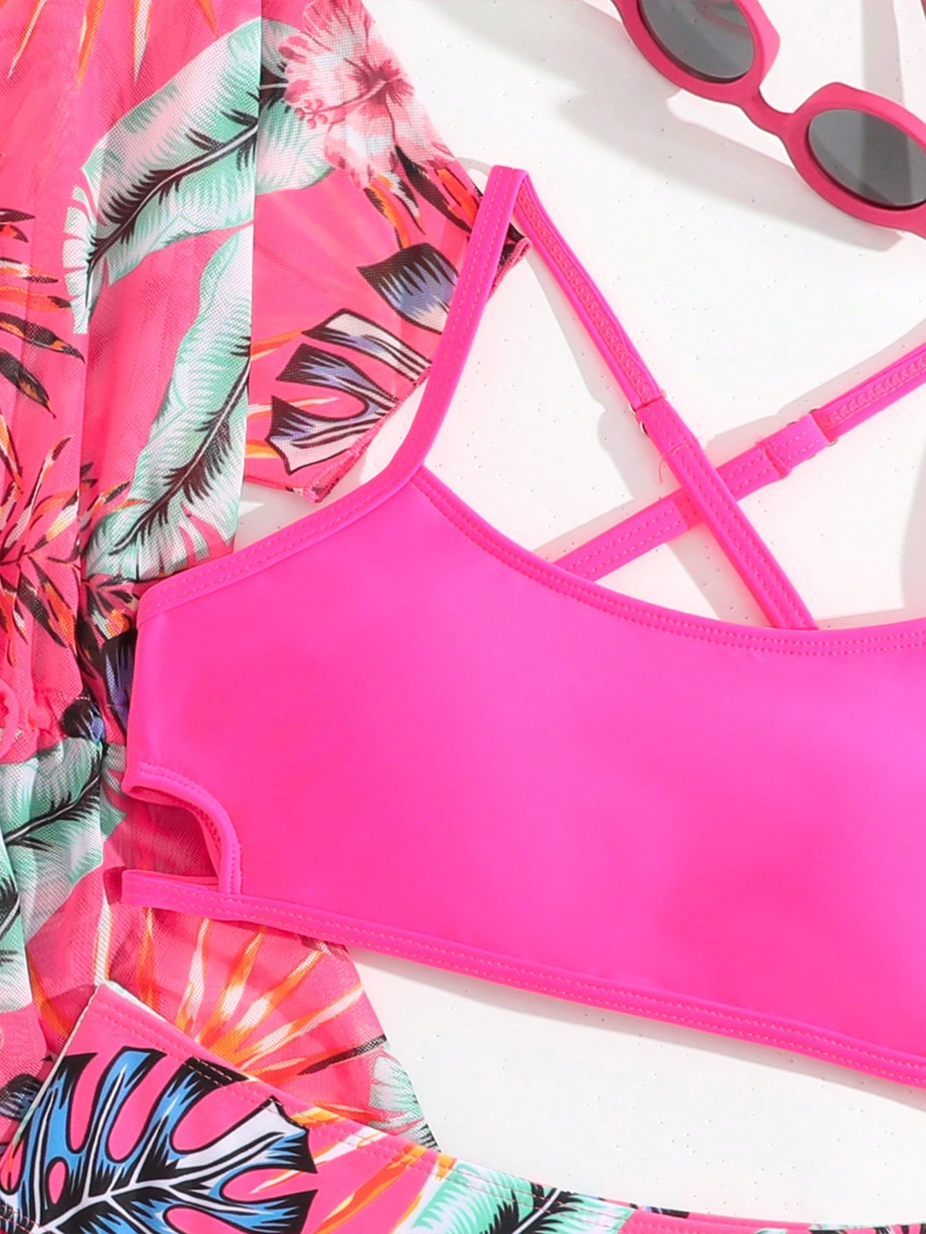Tween girls 3-piece striped swimwear set featuring a tankini top, mid-waist bikini bottoms with a drawstring waist, and a matching kimono cover-up for beach or vacation wear.