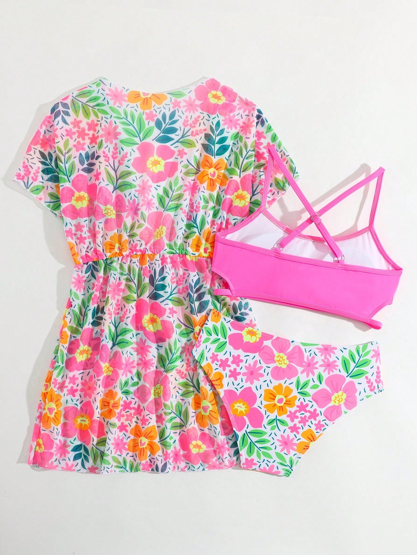 Tween girls 3-piece striped swimwear set featuring a tankini top, mid-waist bikini bottoms with a drawstring waist, and a matching kimono cover-up for beach or vacation wear.