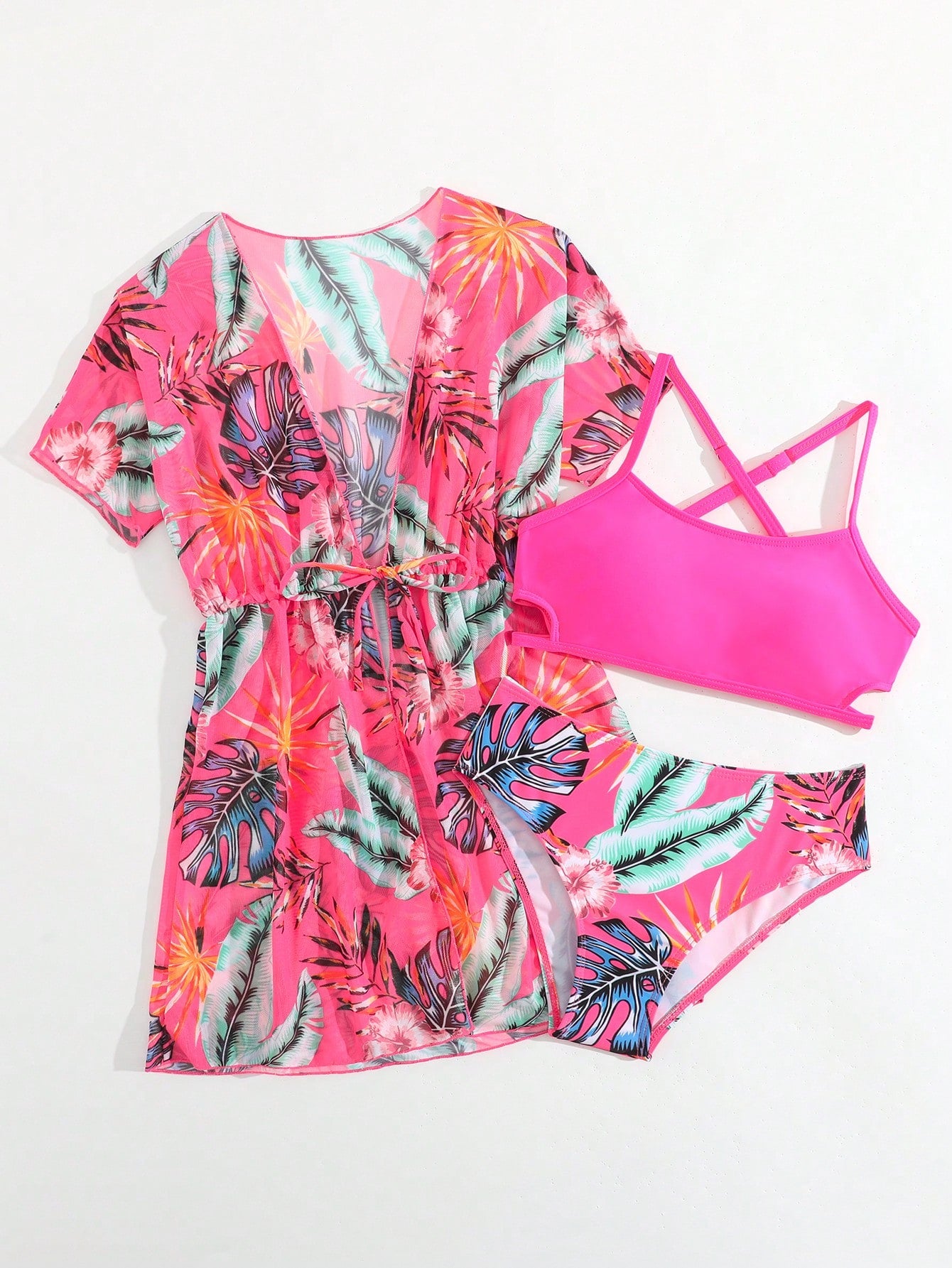 Tween girls 3-piece striped swimwear set featuring a tankini top, mid-waist bikini bottoms with a drawstring waist, and a matching kimono cover-up for beach or vacation wear.