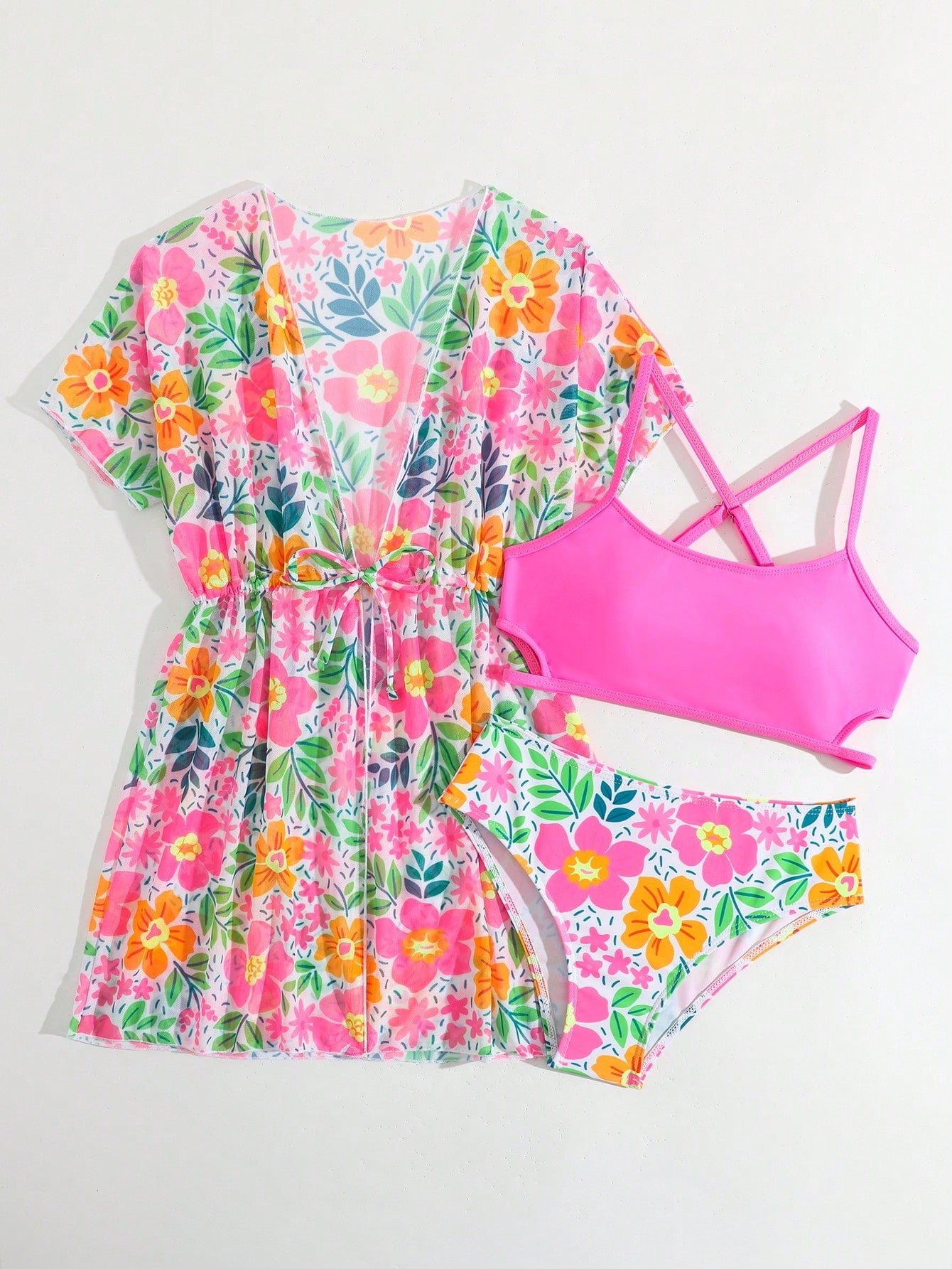 Tween girls 3-piece striped swimwear set featuring a tankini top, mid-waist bikini bottoms with a drawstring waist, and a matching kimono cover-up for beach or vacation wear.