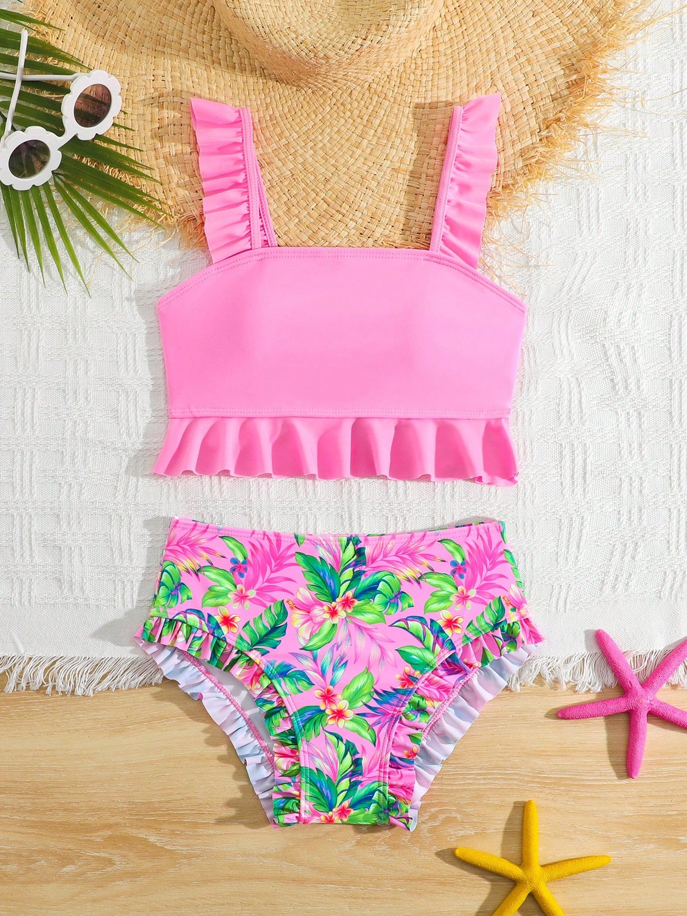 Tween girls solid color 2-piece bikini swimwear set with ruffle detail, strap neckline, wireless bikini top, and triangle mid-waist bikini bottoms; textured pattern with lined bottoms and high-stretch fabric, suitable for summer vacation.