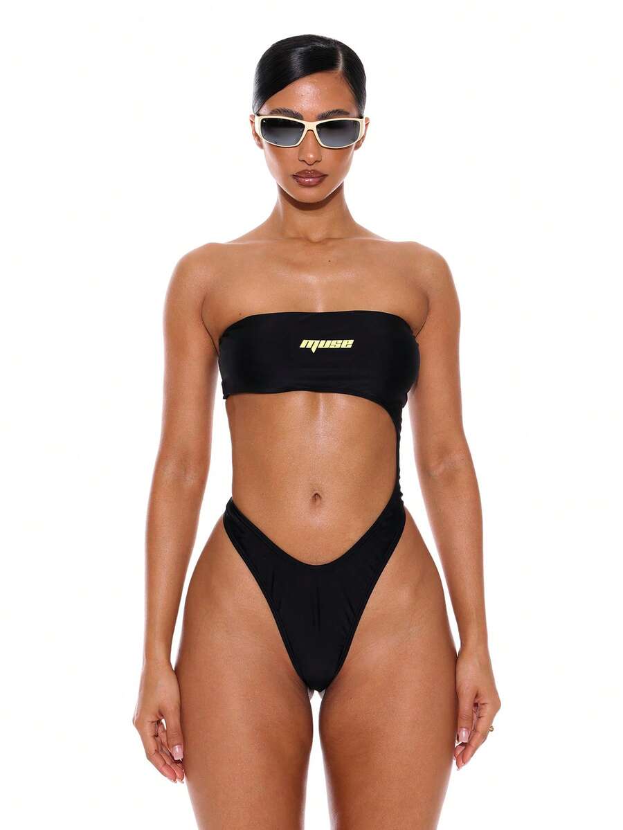 Women's strapless bandeau bikini set featuring stylish cut-out details and high-leg cheeky bottoms.