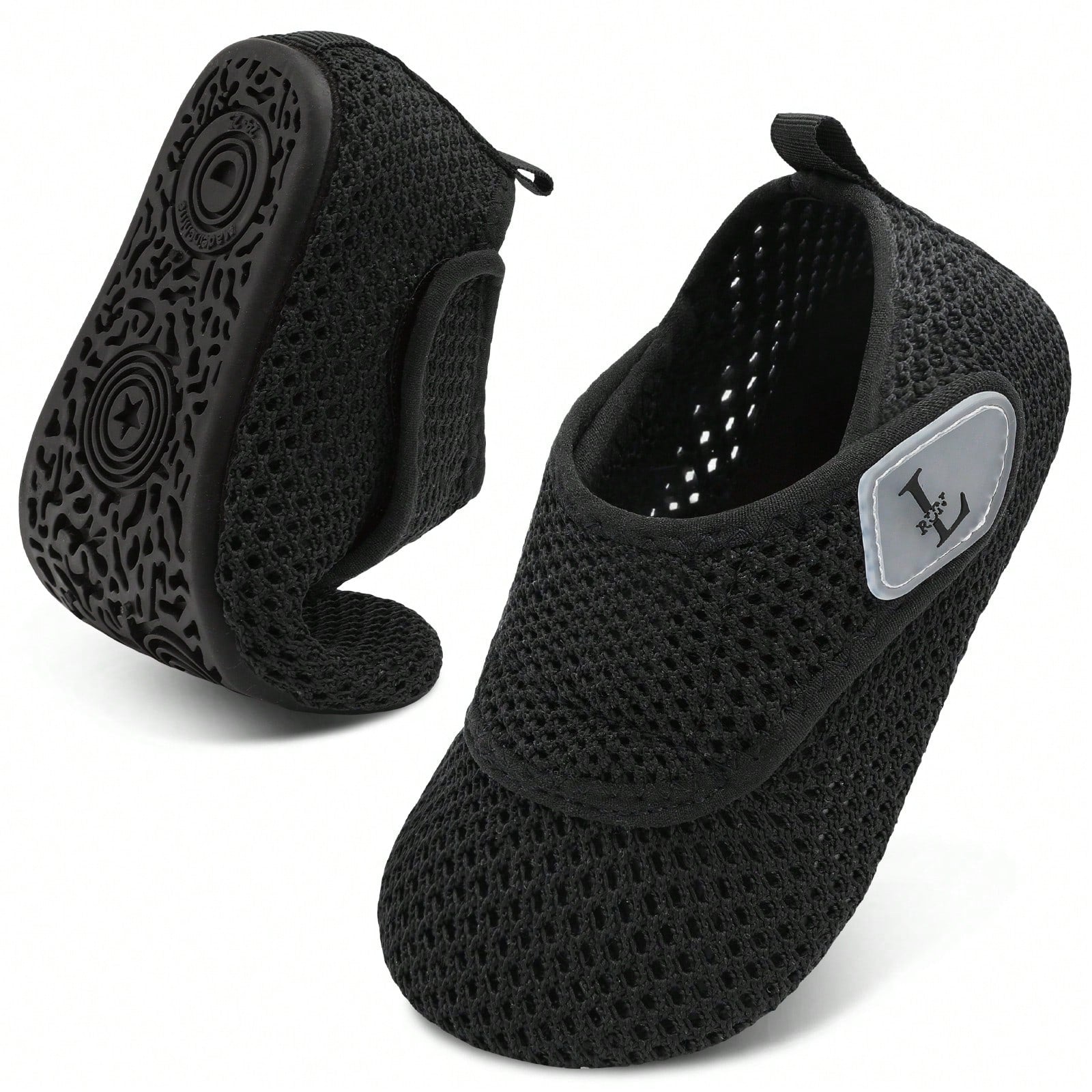 Beige kids aquatic shoes featuring a breathable fabric upper, adjustable hook and loop strap closure, and a flexible non-slip rubber outsole.