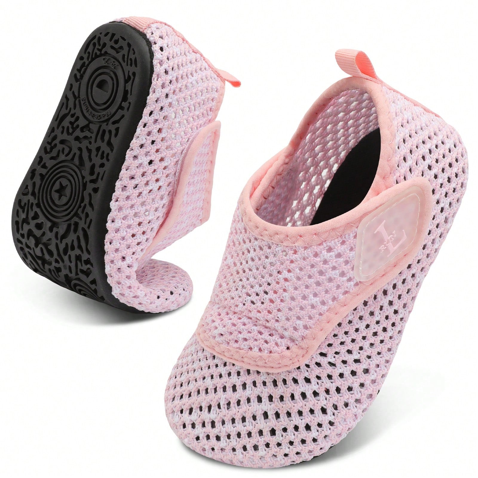Beige kids aquatic shoes featuring a breathable fabric upper, adjustable hook and loop strap closure, and a flexible non-slip rubber outsole.