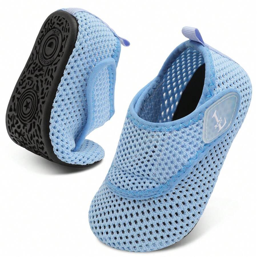 Beige kids aquatic shoes featuring a breathable fabric upper, adjustable hook and loop strap closure, and a flexible non-slip rubber outsole.