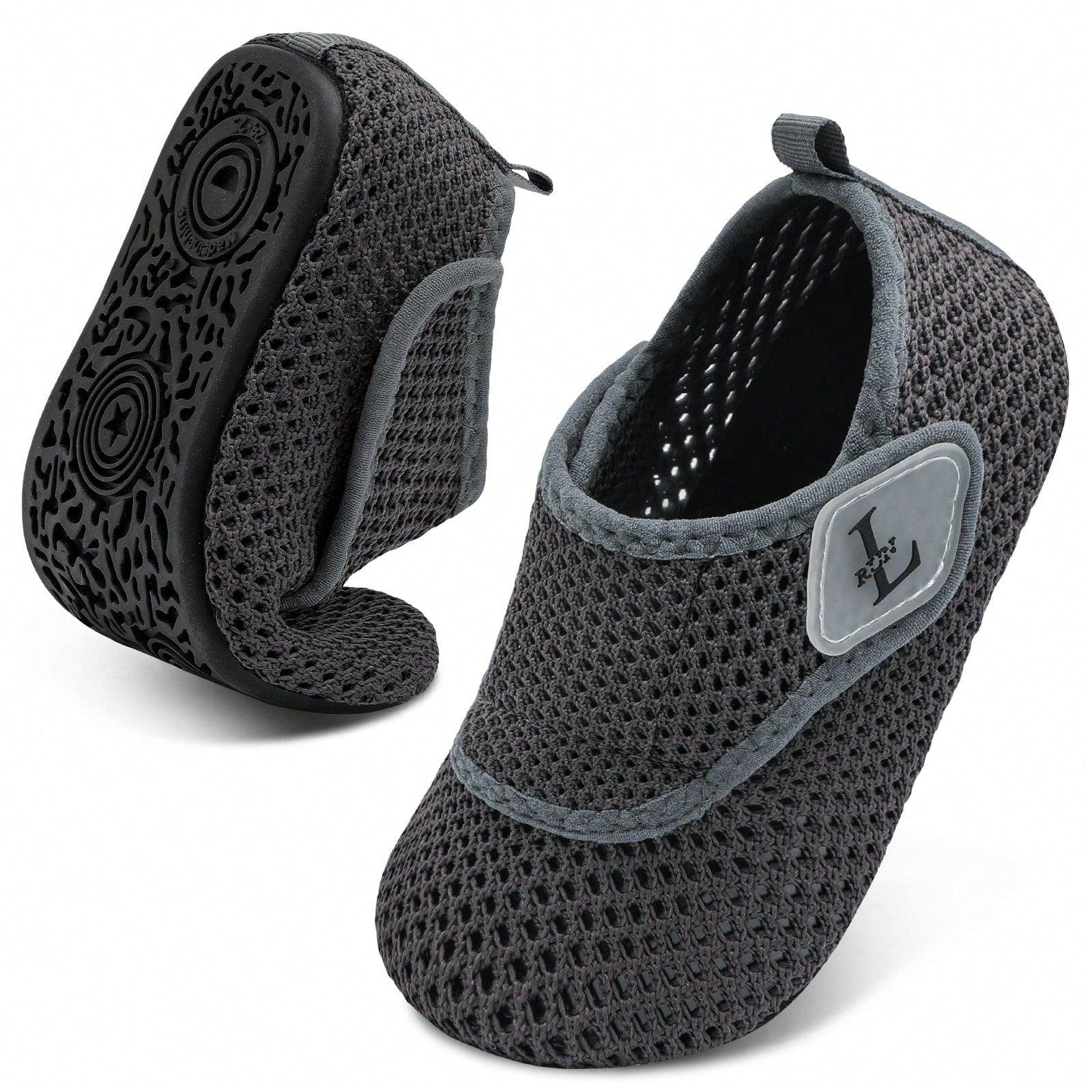 Beige kids aquatic shoes featuring a breathable fabric upper, adjustable hook and loop strap closure, and a flexible non-slip rubber outsole.