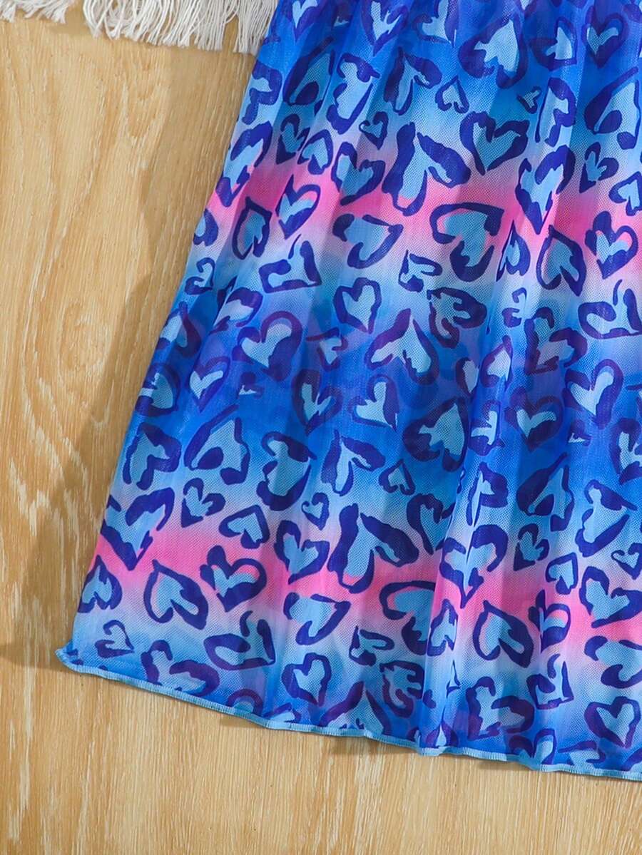Multicolor heart print long cover up dress for tween girls featuring a V-neck criss-cross wrap front and short sleeves.