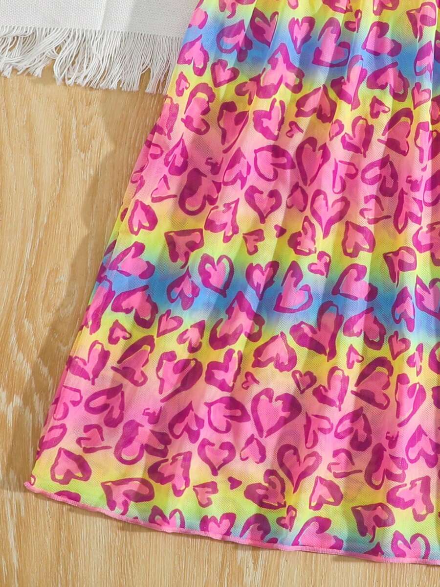 Multicolor heart print long cover up dress for tween girls featuring a V-neck criss-cross wrap front and short sleeves.